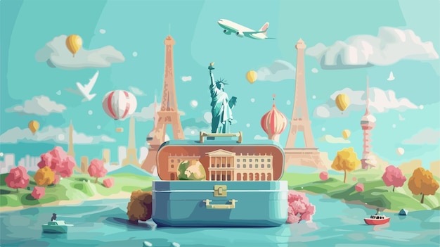 Vector travel adventure scene with open suitcase family