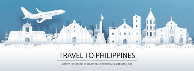 Travel advertising with travel to Philippines concept with panorama view of Philippines city skyline and world famous landmarks 