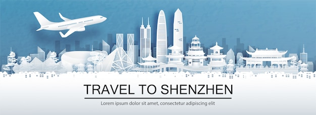 Travel advertising with travel to Shenzhen, China concept with panorama view of city skyline and world famous landmarks in paper cut style .