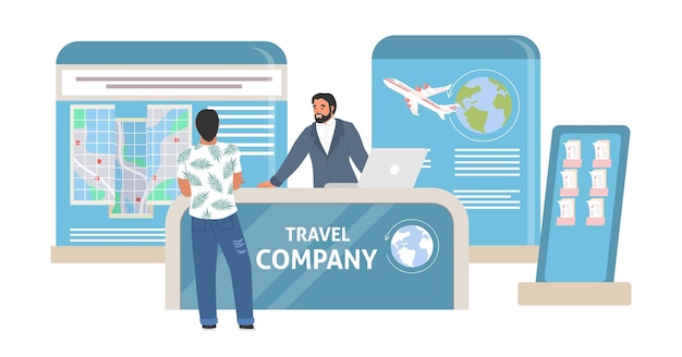 Travel agency receptionist and visitor flat vector