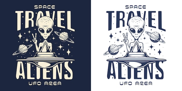 Travel aliens vintage sticker monochrome