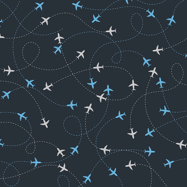 Travel around the world airplane routes seamless pattern