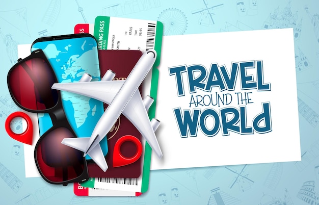 Travel around world vector template design. Travel text in empty space with traveler elements