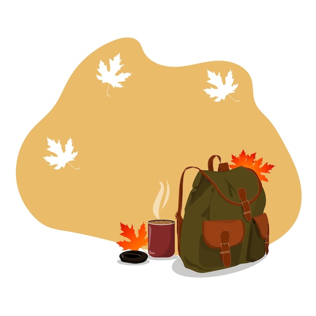 Travel backpack and a cup of hot coffee in nature with maple leaves.