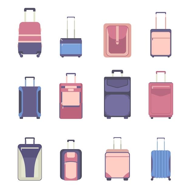 Travel bag luggage icon set Suitcases isolated on white Backpacks in flat style Vector illustration