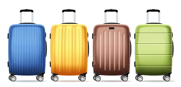 Travel bag luggage vector set design. Travelers 3d baggage collection for vacation trip elements