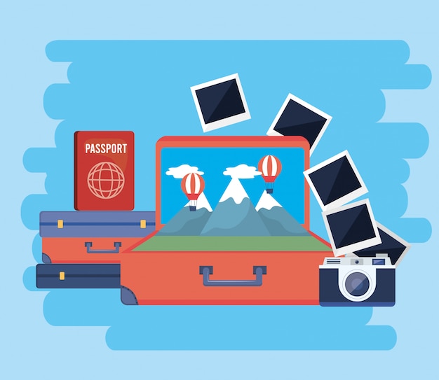 Travel baggages with passport and camera with pictures