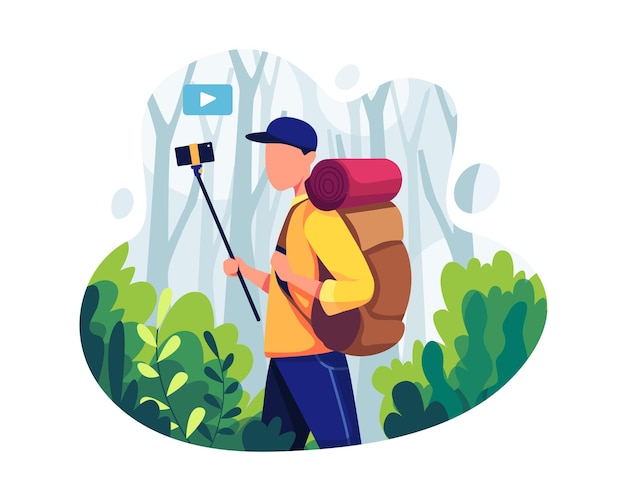 Travel blogger concept illustration. Male travel blogger internet broadcasting use smartphone. Vector illustration in a flat style