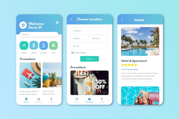 Travel booking app screens