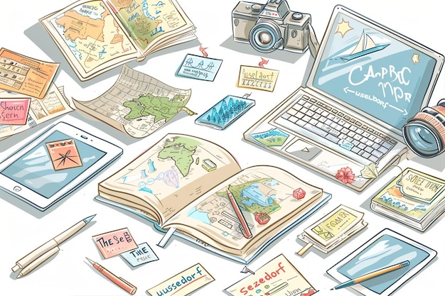 Vector travel books and maps on desk