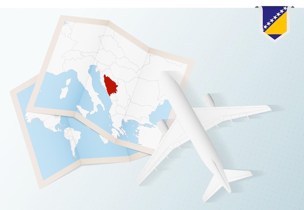 Travel to Bosnia and Herzegovina top view airplane with map and flag of Bosnia and Herzegovina