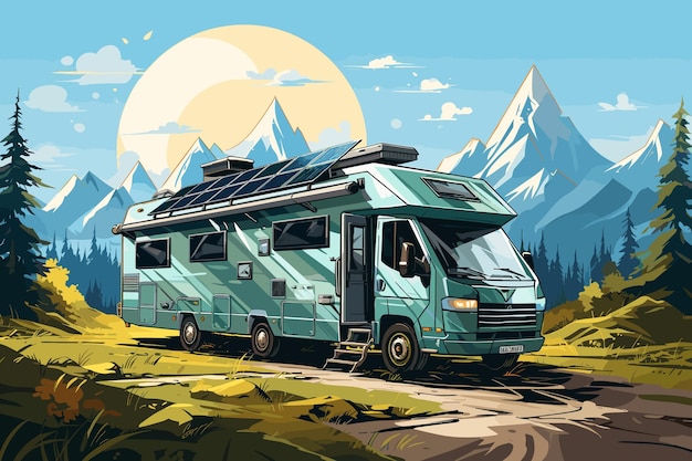 Travel by caravan for adventure Summer holidays and camping Family trip Cartoon vector