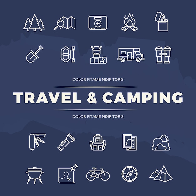 Travel and camping line icons set 