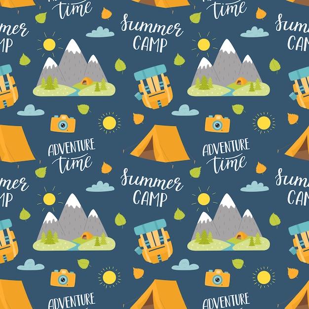 Travel camping seamless pattern Cartoon hand drawn hiking elements and lettering Color backdrop for website banner cover textile packaging design Vector illustration on dark blue