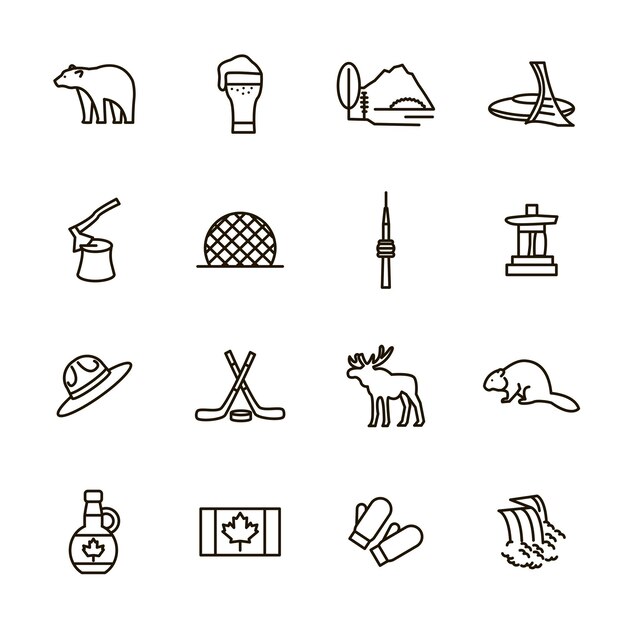 Travel Canada Signs Black Thin Line Icon Set Include of Hockey Moose Maple Syrup and Bear Vector illustration of Icons