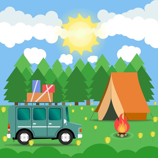 Travel car campsite place landscape Forest sun flower and bonfire Vector illustration in flat style