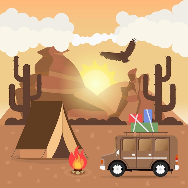 Travel car campsite place landscape Mountains desert cactus eagle and bonfire Vector illustration in flat style