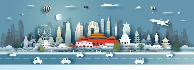 Travel China landmarks in paper cut style