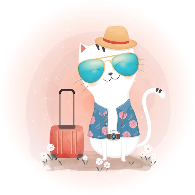 Travel concept. Cute cats and suitcase. watercolor style