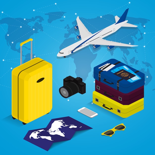 Travel concept in isometric style Time to travel. Passport, tickets, bags and airplane. Travel equipment.