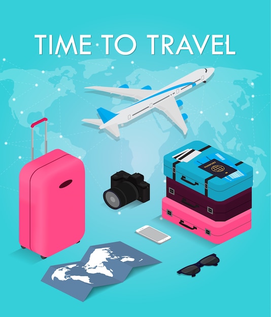 Travel concept in isometric style Time to travel. Passport, tickets, bags and airplane. Travel equipment. 