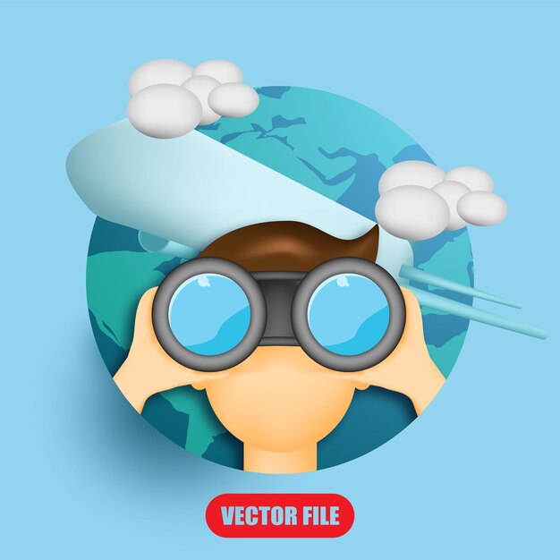 Travel concept with people using binoculars globes planes and clouds vector 3D