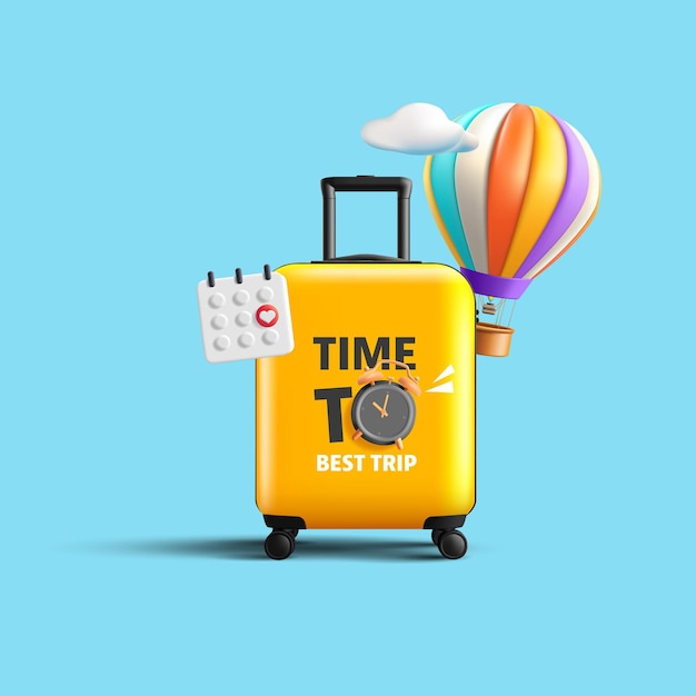 Travel concept with travel suitcase hot air balloon and calendar time to travel banner with alarm