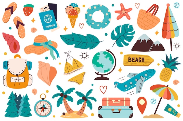 Travel Design Elements Set Tourism Holiday Vacations Concept with Baggage and Tropical Plants Vector illustration