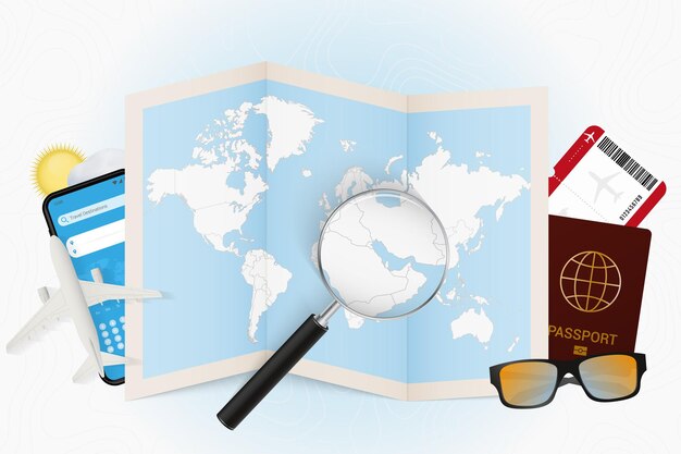 Travel destination Bahrain tourism mockup with travel equipment and world map