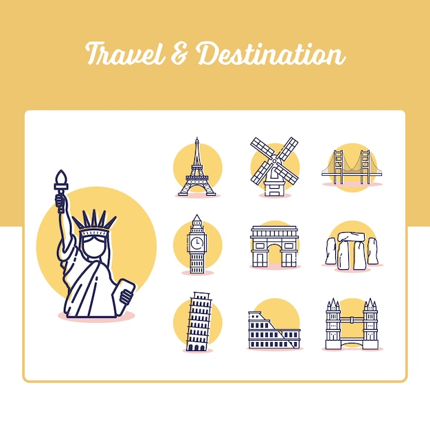 Travel and Destination Icons Set with Outline Style