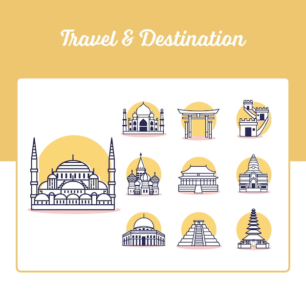 Travel and Destination Icons Set with Outline Style