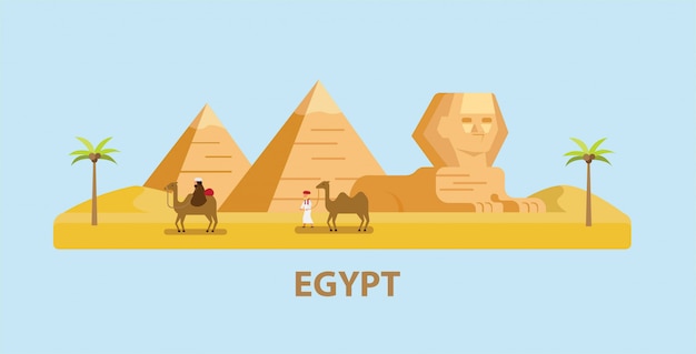 Travel Egypt, pyramid, sphinx and man with camel in flat design illustration