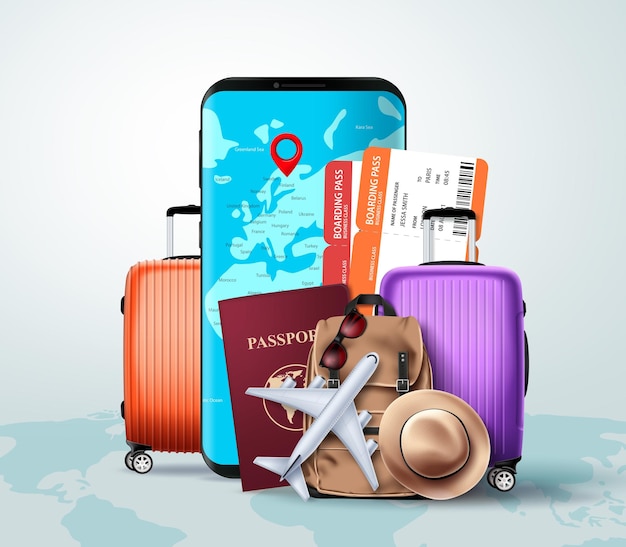 Travel elements vector concept design. Travelers luggage, phone, passport and mobile phone.