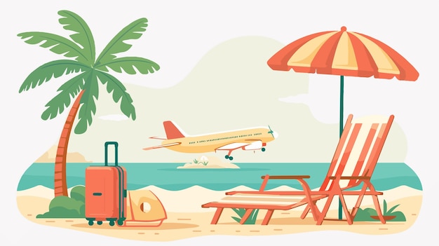 Vector travel essentials suitcase deck chair plane palm tree and umbrella