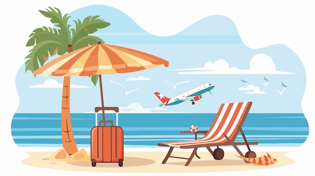 Vector travel essentials suitcase deck chair plane palm tree and umbrella