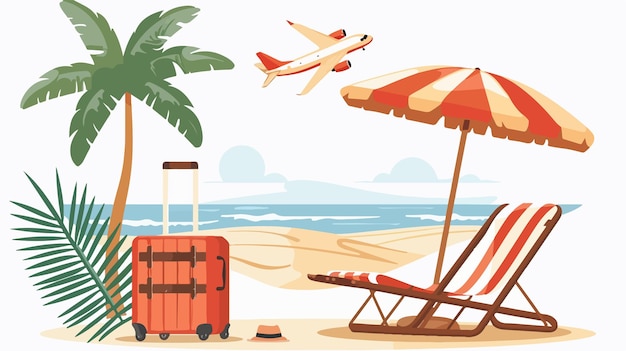 Vector travel essentials suitcase deck chair plane palm tree and umbrella