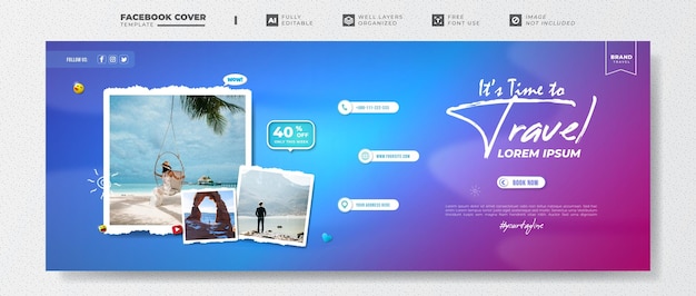 Travel facebook cover template with gradient color