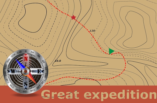 Travel Great expedition and azimuth compass and map The background of the route on the contour map Tourism and travel symbol