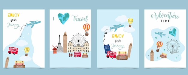 Travel greeting card with luggageairplanebus and world