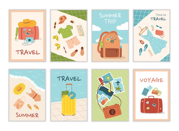 Travel greeting cards Cute kid summer photo frame for album or booklet cover for poster or party booth Tourist baggage vintage voyage luggage beach trendy clothes vector poster design template