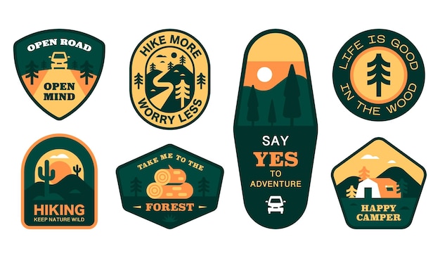 Travel hicking emblem set Hiking badges stickers for outdoor tourism nature explore Vector design