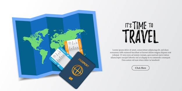 Travel holiday document illustration. boarding pass airplane ticket, passport, worldwide maps paper, and credit card top view. Holiday tourist advertising