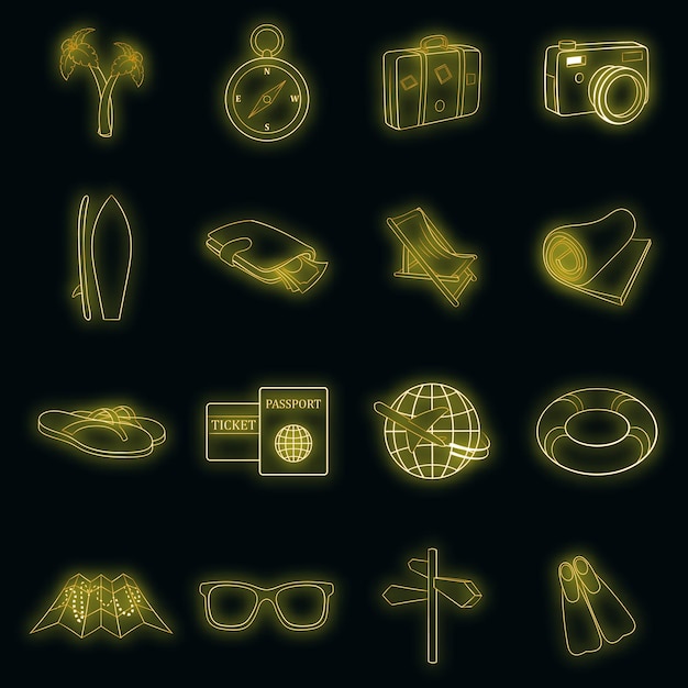 Travel icons set in neon style. Tourism elements set collection vector illustration