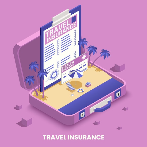 Vector travel insurance concept with health and transportation symbols isometric