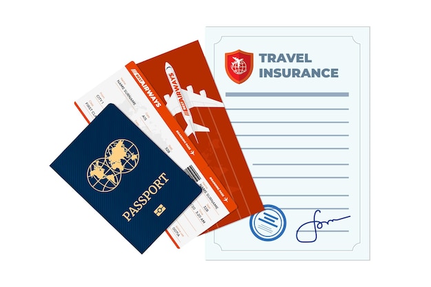 Travel insurance policy advertising concept safe plane trip and signed contract protection life and