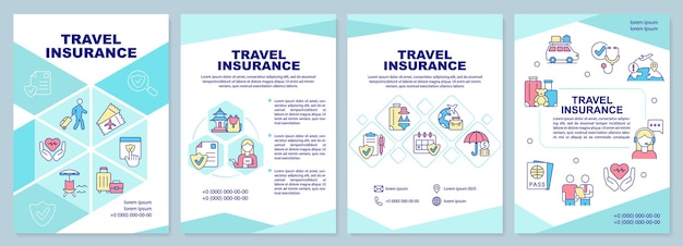 Travel insurance turquoise brochure template Tourist coverage Leaflet design with linear icons 4 vector layouts for presentation annual reports ArialBlack Myriad ProRegular fonts used