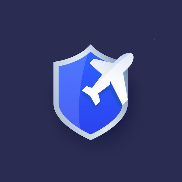 Travel insurance vector logo with shield and airplane