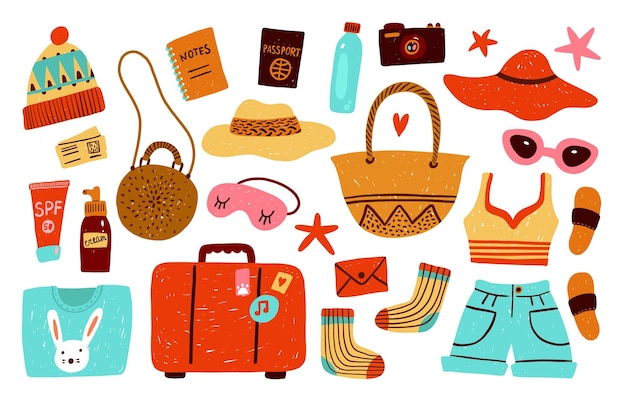 Travel items Beach bags touristic clothes and luggage Vacation preparing Summer holiday accessories Passport and tickets Sunscreen cream Flip flops and hats Comfort voyages Classy vector set