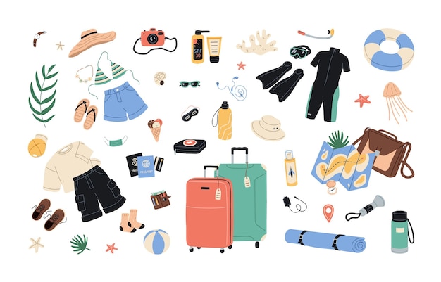 Travel items from summer holiday luggage Tourists objects for sea vacation Tourism stuff bundle with map suitcase clothes passport camera Flat vector illustrations isolated on white background