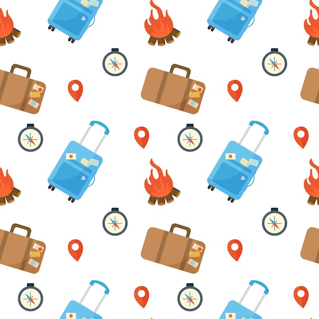 Travel items seamless pattern Isolated items for printing Bonfire suitcase compass